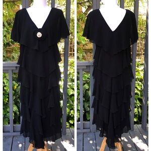 Vintage Ann Hobbs Cattiva Black Tiered Draped Chiffon Flutter Sleeves Dress 12